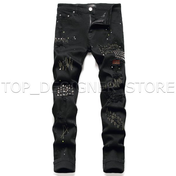 

designer jeans men's slim fit leggings elastic black hole patch bead pants 100% pure cotton pant quality 3, Blue