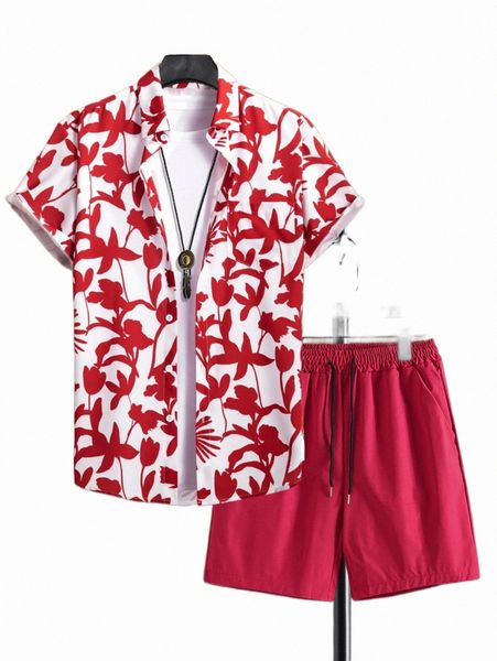 

men floral print shirt & drawstring waist shorts without tee v1rp#, Gray