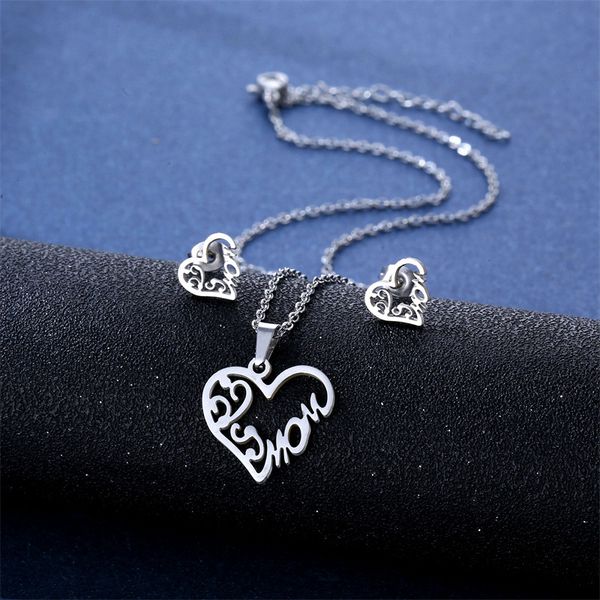 

european and american heart shaped mom letter pendant necklace set mother's day gift elegant design jewelry for women chain, Silver