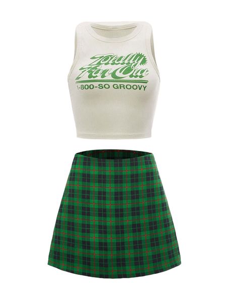 

x splusmart slogan graphic crop tank & plaid skirt 24wc#, White