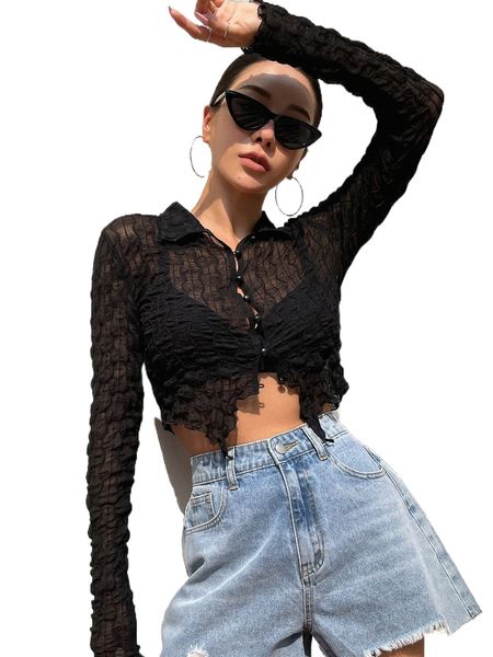 

dazy textured button front asymmetrical hem blouse without bra m1qg#, White