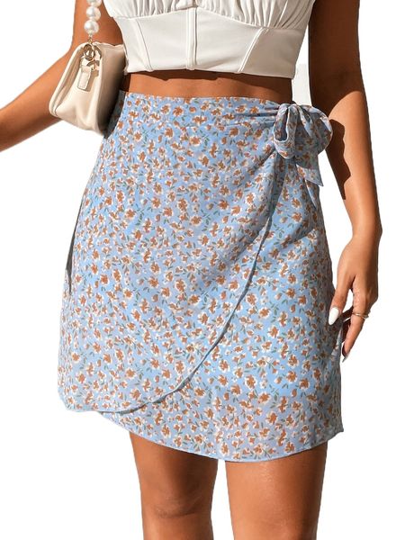 

ditsy floral print knot side wrap skirt i1oa#, Black