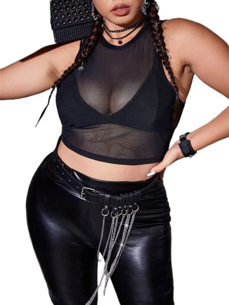 

plus sheer crop tank 06qt#, Black