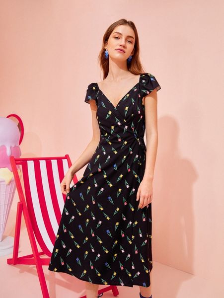 

x yichun xie floral print wrap dress v8q2#, Black;gray