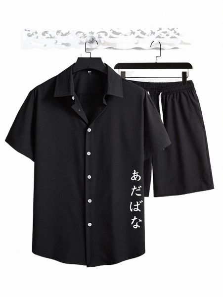 

men japanese letter graphic shirt & drawstring waist shorts a9st#, Gray