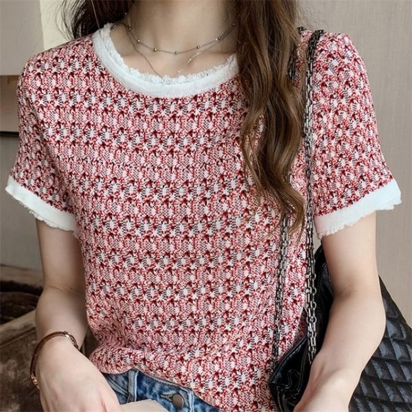 

retro summer ice silk short sleeve women t-shirts tassel button patchwork knitted 220408, White
