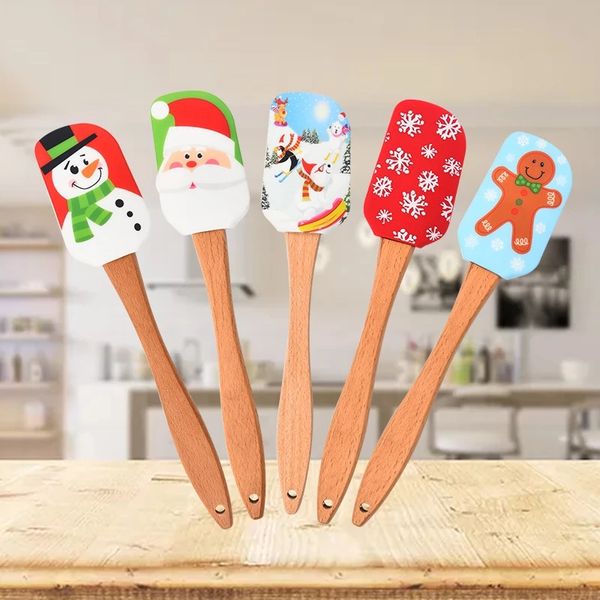 

cream spatula christmas wooden handle non-stick kitchen fondant cake silicone cooking scraper kitchen baking tools espatula