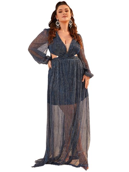 

plus plunging neck lantern sleeve cut out dress 27s8#, Black