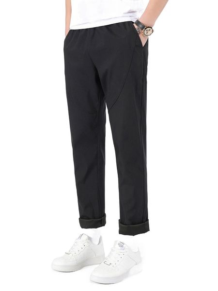 

men slant pocket drawstring waist pants d5lo#, Black