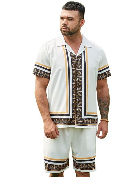 

extended sizes men graphic print shirt & drawstring waist shorts r6qy#, Gray