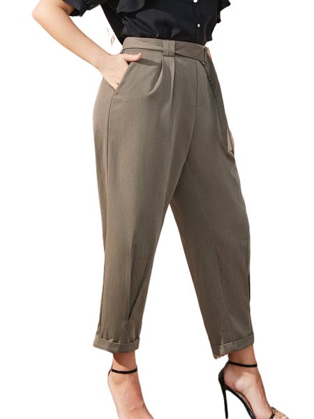 

plus fold pleated roll hem belted tailored pants b7fd#, Black