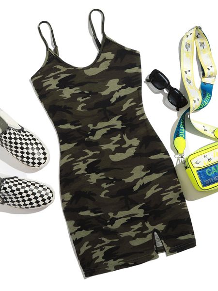 

split hem camo bodycon dress i1au#, Black;gray