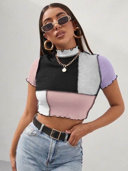 

colorblock contrast stitch lettuce trim rib-knit tee v13c#, White