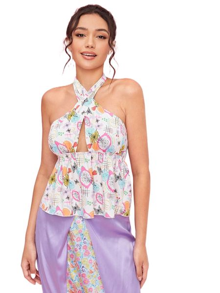 

x amof butterfly & floral print peplum wrap cross backless halter w30h#, White