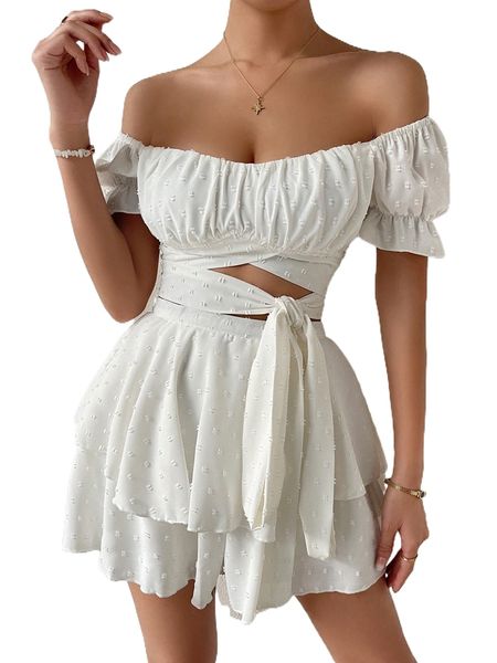 

swiss dot off shoulder tie front & layered hem shorts e57p#, White