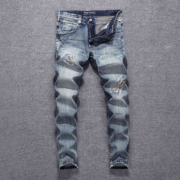 

men's jeans fashion hole men's jeans worn light blue patch micro elastic slim fit small straight pants z94g