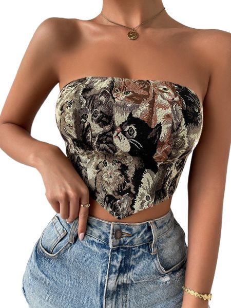 

cat print ruffle trim hanky hem tube m39n#, White