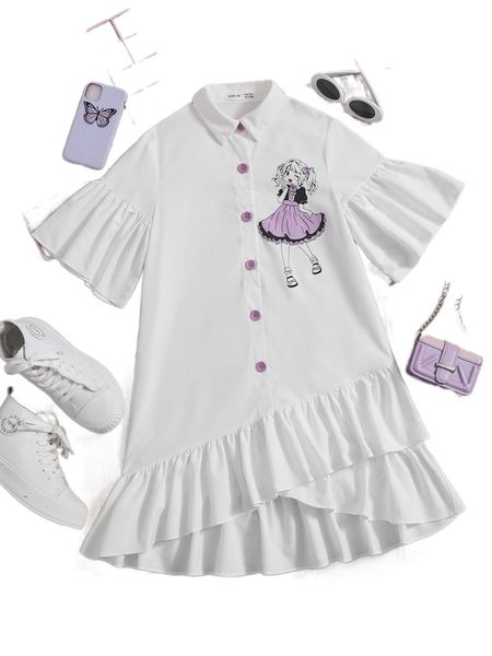 

girls cartoon graphic ruffle hem shirt dress h6v6#, Black;white