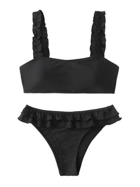 

tiered frill trim bikini swimsuit h77v#, White;black