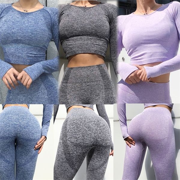 

female tracksuit 2 piece set women seamless fitness yoga set sports suit high waist running workout leggings gym training shirt 220507, Gray
