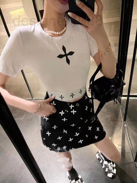 

women's t-shirt designer smfk22 summer new cross print slim waist elastic webbing short t-shirt px56, White