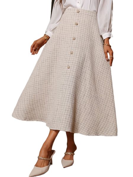 

plaid fake button tweed skirt r3fx#, Black