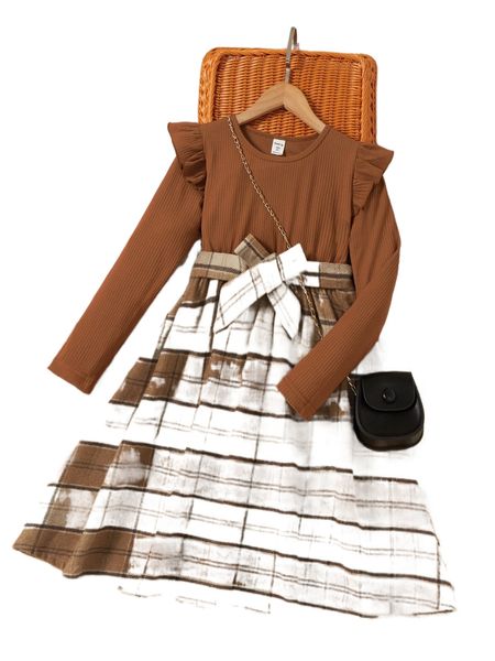 

girls plaid print ruffle trim belted dress z99z#, Black;white