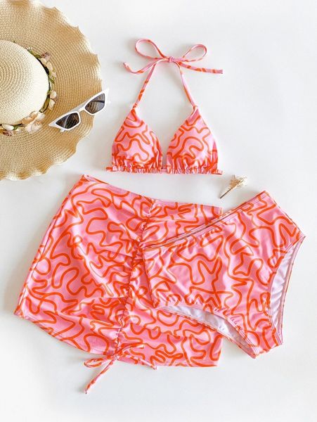 

3pack fluid pattern halter bikini swimsuit & beach skirt y8fz#, White;black