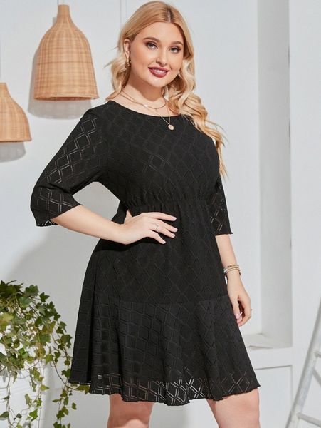 

plus solid lace a-line dress 627v#, Black
