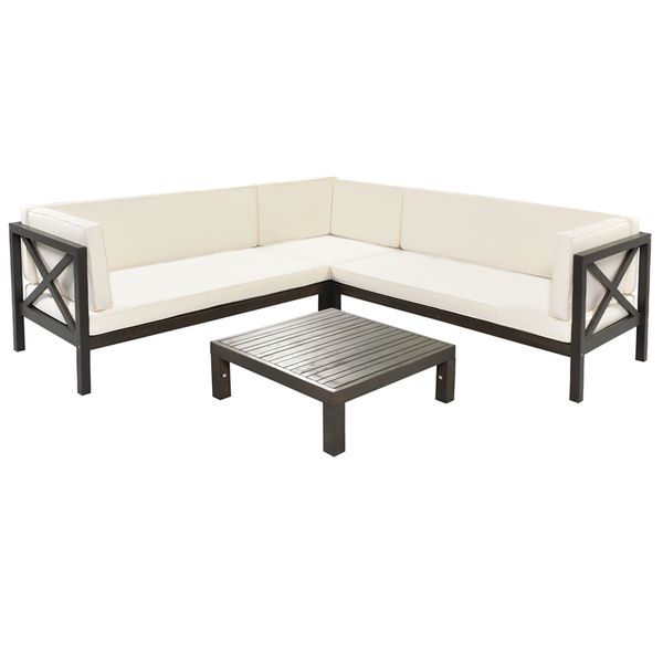 

outdoor sets wood patio backyard 4-piece sectional seating group with cushions and table x-back sofa for small places brown finish gray cush