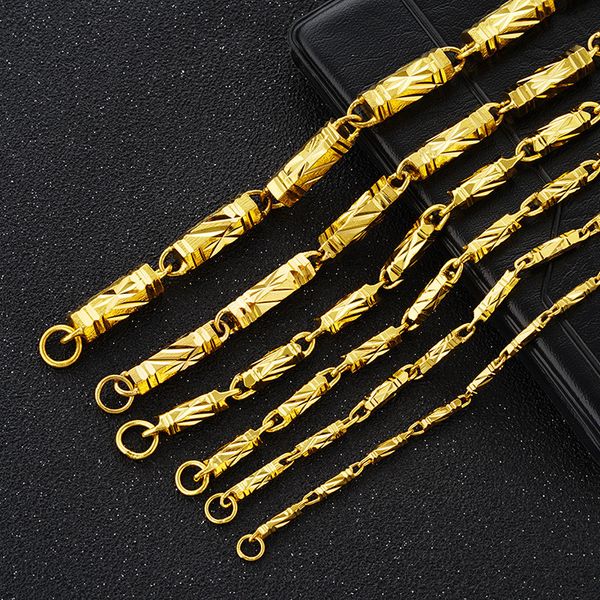 Alluviale Gold-Massiv-Halskette, Messing-Vakuumbeschichtung, Sechseck-Prisma-Halskette für Herren, vergoldete 24-Karat-Gold-Bambus-Halskette für Frauen