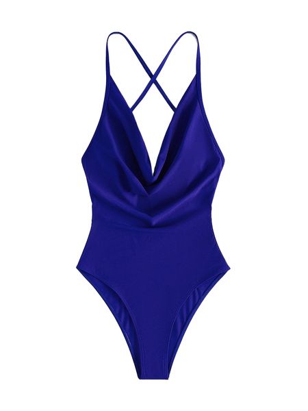 

draped collar crisscross back one piece swimsuit t3sf#, White;black