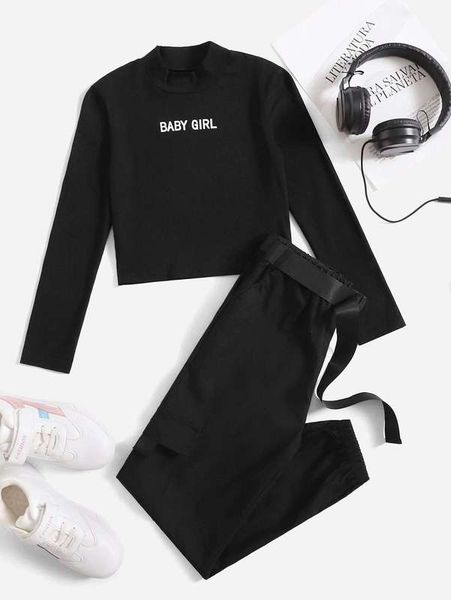 

girls letter graphic mock neck tee & buckled belted pants she, White