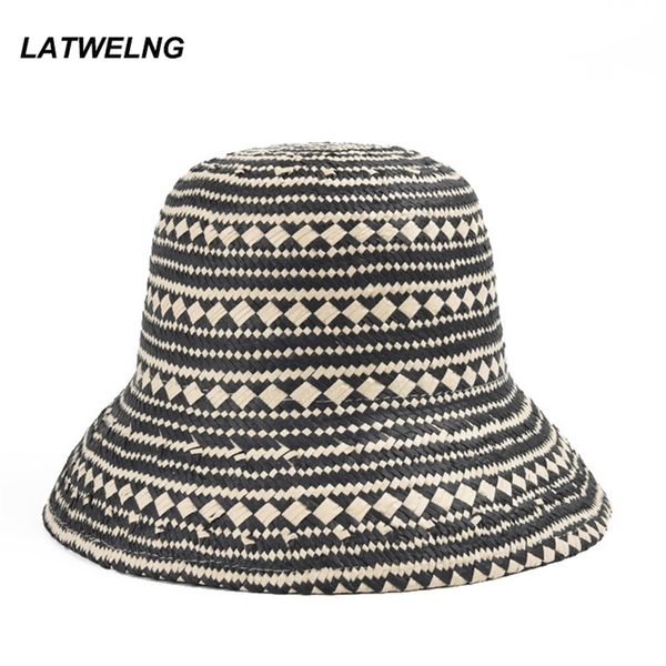 

foldable crochet bucket for women designer luxury striped beach hat summer sun uv protection hats wholesale 220507, Blue;gray