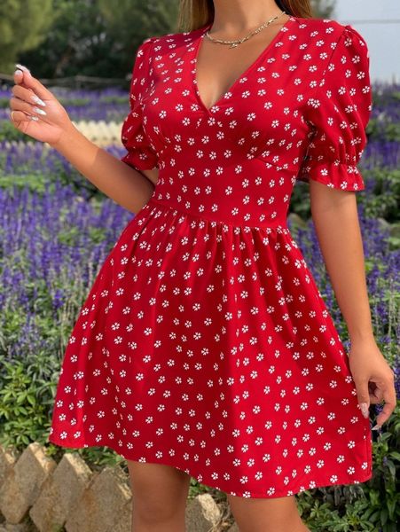 

allover floral print flounce sleeve dress c4og#, Black;gray