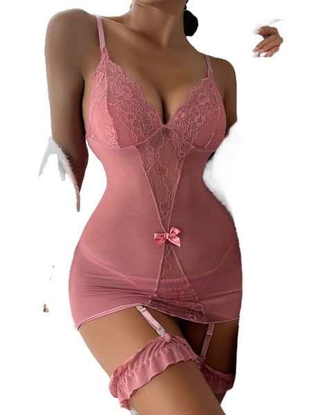 

floral lace bodycon slips with thong & 1pair leg ring 732v#, Black;red