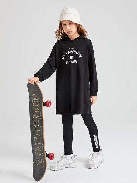 

girls slogan graphic drop shoulder hoodie & leggings she, White