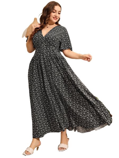 

plus ditsy floral butterfly sleeve dress 32g3#, Black