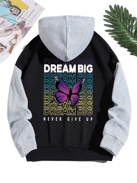 

butterfly & slogan graphic drawstring hoodie d3ut#, Black