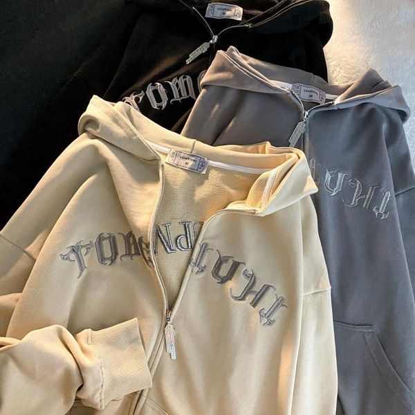 

women's hoodies & sweatshirts punk gothic letter embroidered zipper sweatshirt women trend korean loose couple oversized hoodie, Black