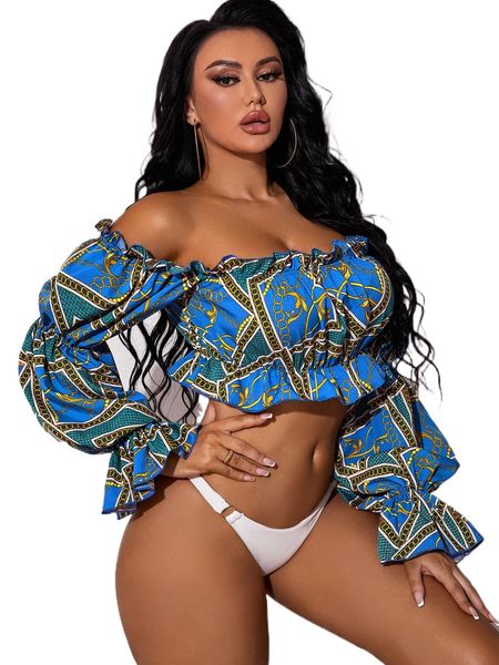

sxy off shoulder gathered sleeve frill trim chain print b8t1#, White