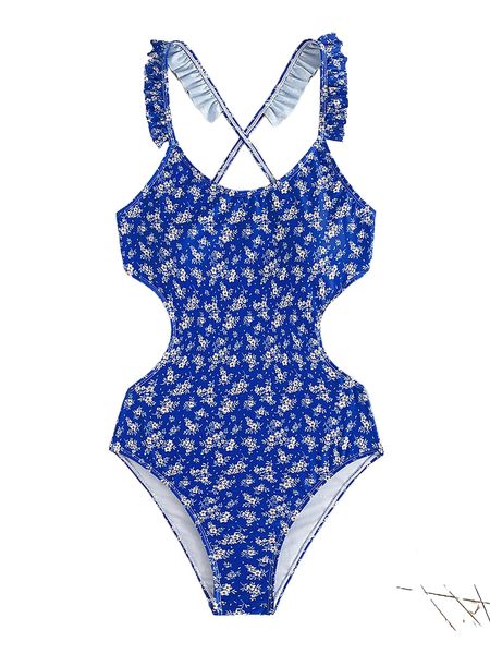 

ditsy floral crisscross frill trim one piece swimsuit u5xz#, White;black