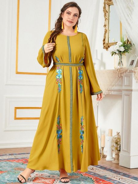 

plus floral embroidery contrast tape belted dress z4jd#, Black