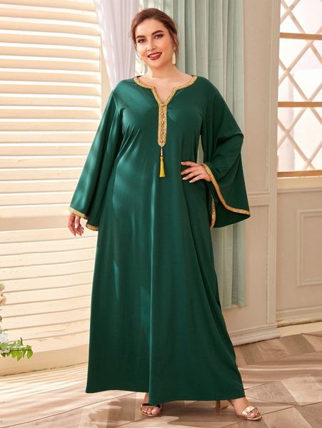 

plus contrast trim flounce sleeve tassel detail maxi dress p3h5#, Black