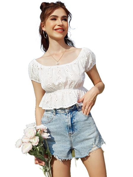 

solid ruffle hem scoop neck k8xj#, White