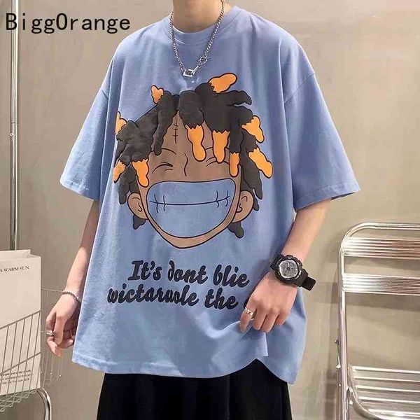 

printed short sleeved t-shirt male street cartoon character tide brand ins loose couple oversize hip-hop commute, White;black