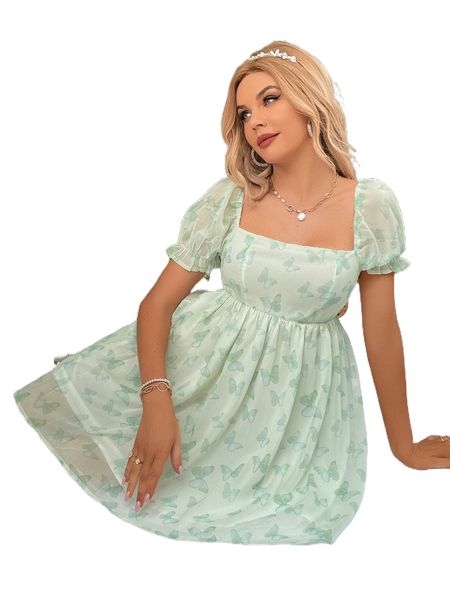 

butterfly print puff sleeve dress i4s3#, Black;gray