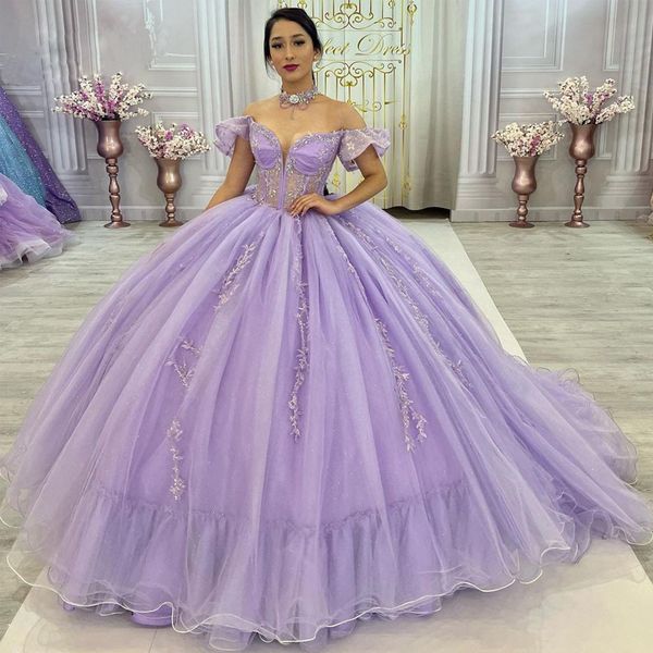 Lilac quinceanera elbiseler dantel aplikeler boncuk meksika genç kızlar balo elbisesi fırfırlar kısa kollu tatlı 15 vestidos de soiree