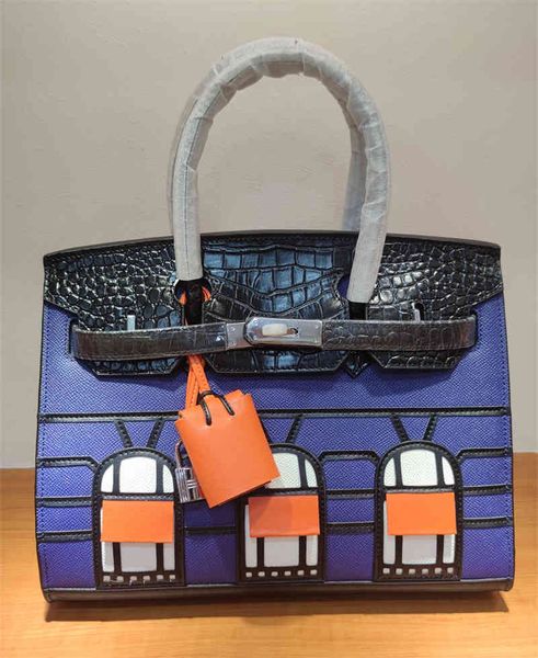 

herme birkins handbag crocodile leather totes handbags european and american style small house platinum bag women's head pattern color
