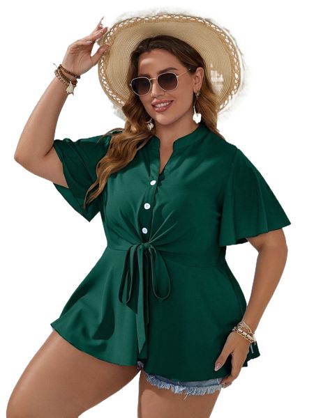 

plus button front butterfly sleeve blouse c81g#, Black